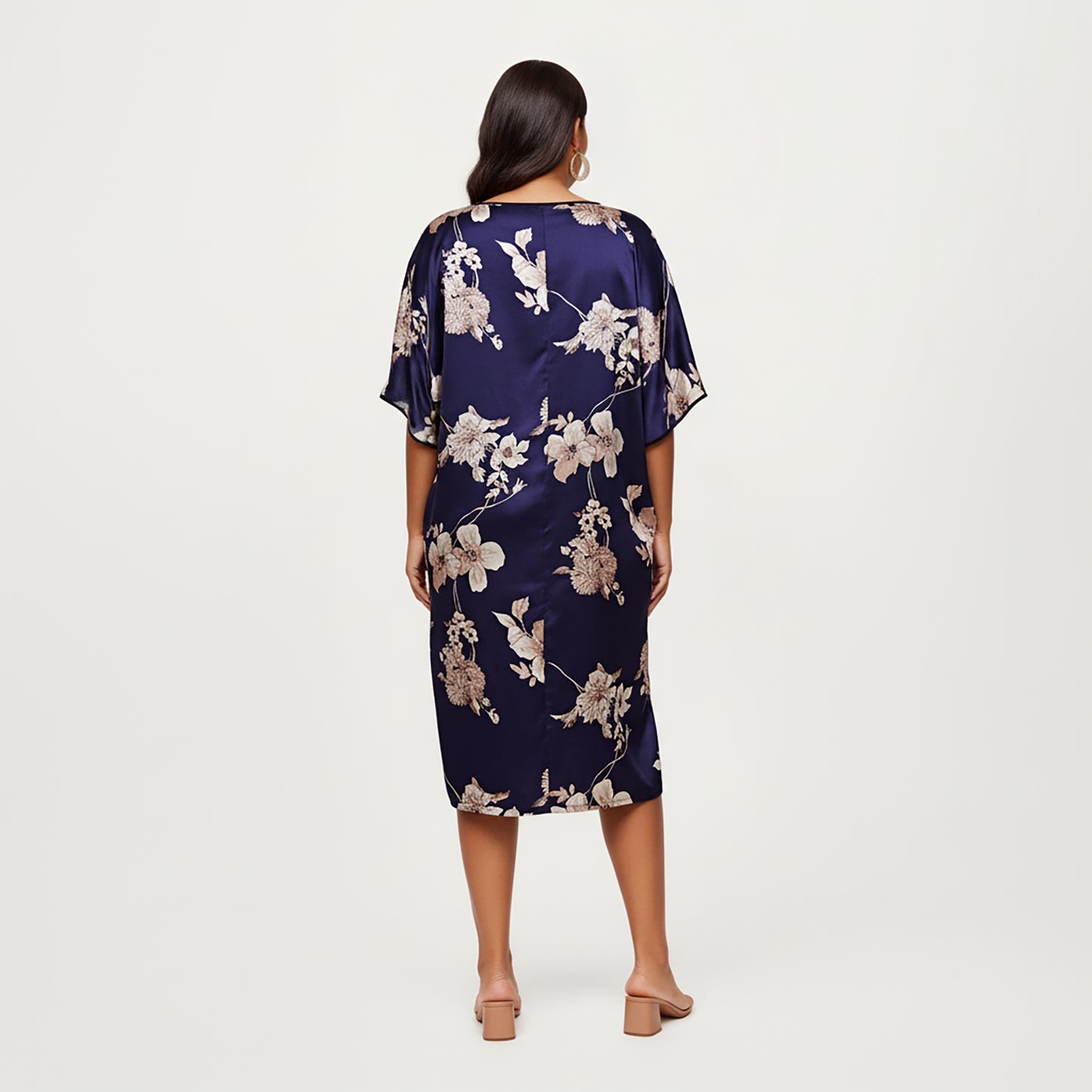 PLus Size Satin Nightgown with Allover Floral Print Relaxed Fit Scoop Neckline and Flowing Short Sleeves