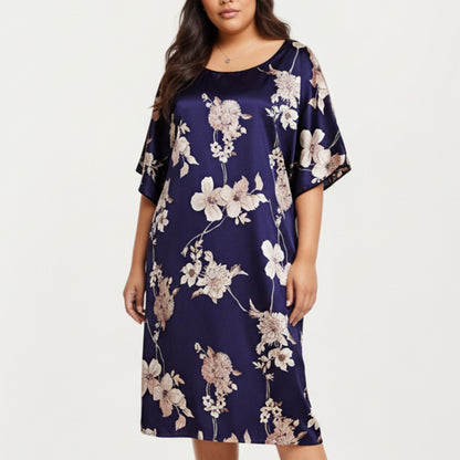 PLus Size Satin Nightgown with Allover Floral Print Relaxed Fit Scoop Neckline and Flowing Short Sleeves
