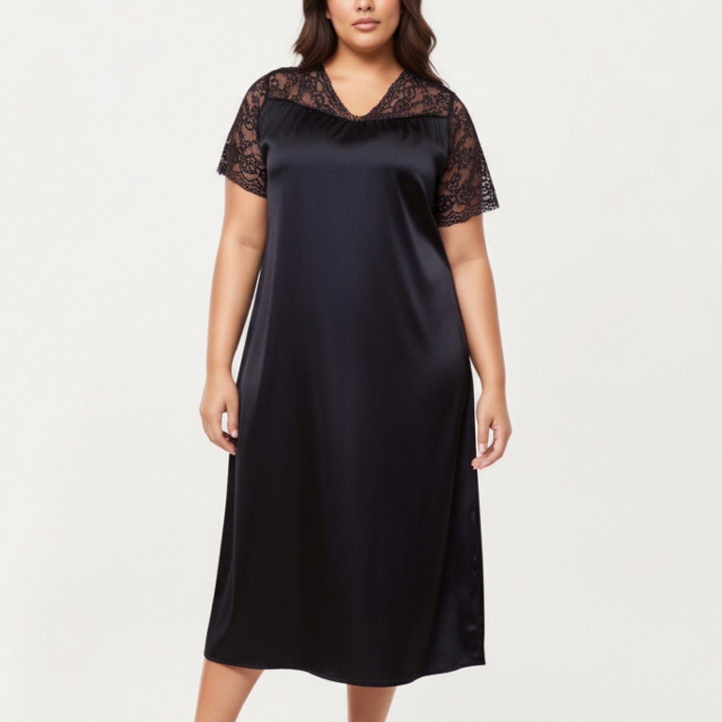 PLus Size Satin Nightgown with Delicate Lace V-Neck Short Sleeves and Soft Flowing Silhouette