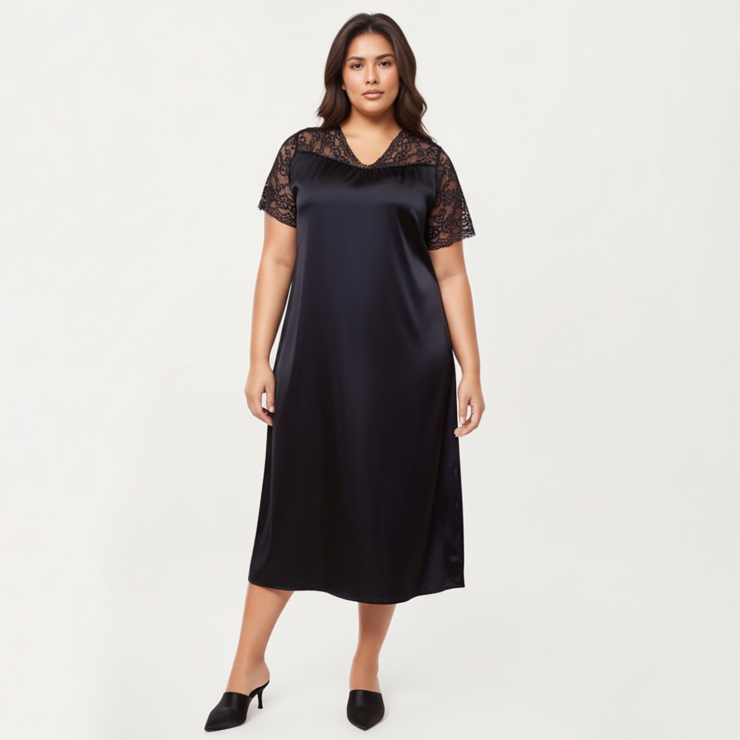 PLus Size Satin Nightgown with Delicate Lace V-Neck Short Sleeves and Soft Flowing Silhouette