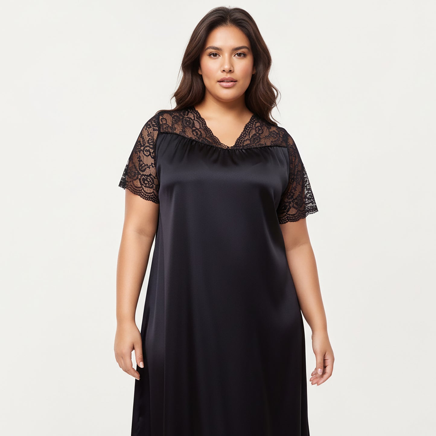 PLus Size Satin Nightgown with Delicate Lace V-Neck Short Sleeves and Soft Flowing Silhouette
