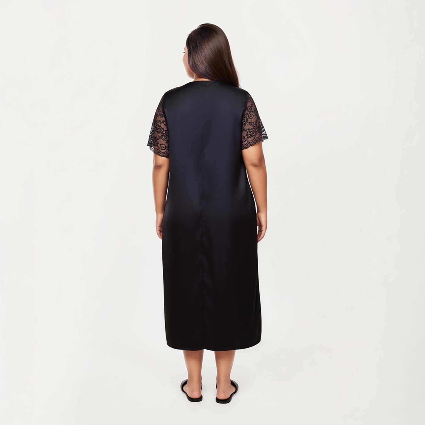 PLus Size Satin Nightgown with Delicate Lace V-Neck Short Sleeves and Soft Flowing Silhouette