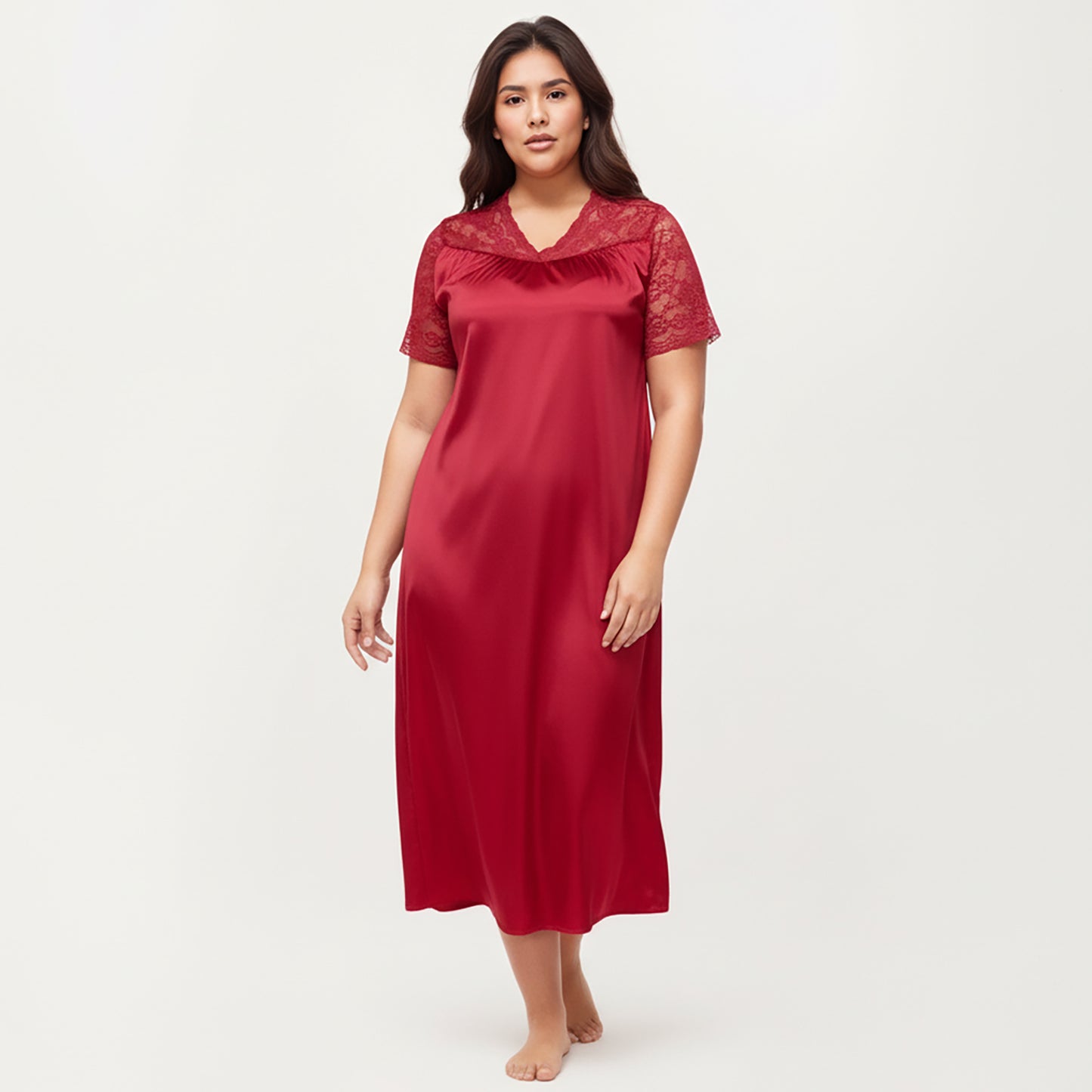 PLus Size Satin Nightgown with Delicate Lace V-Neck Short Sleeves and Soft Flowing Silhouette