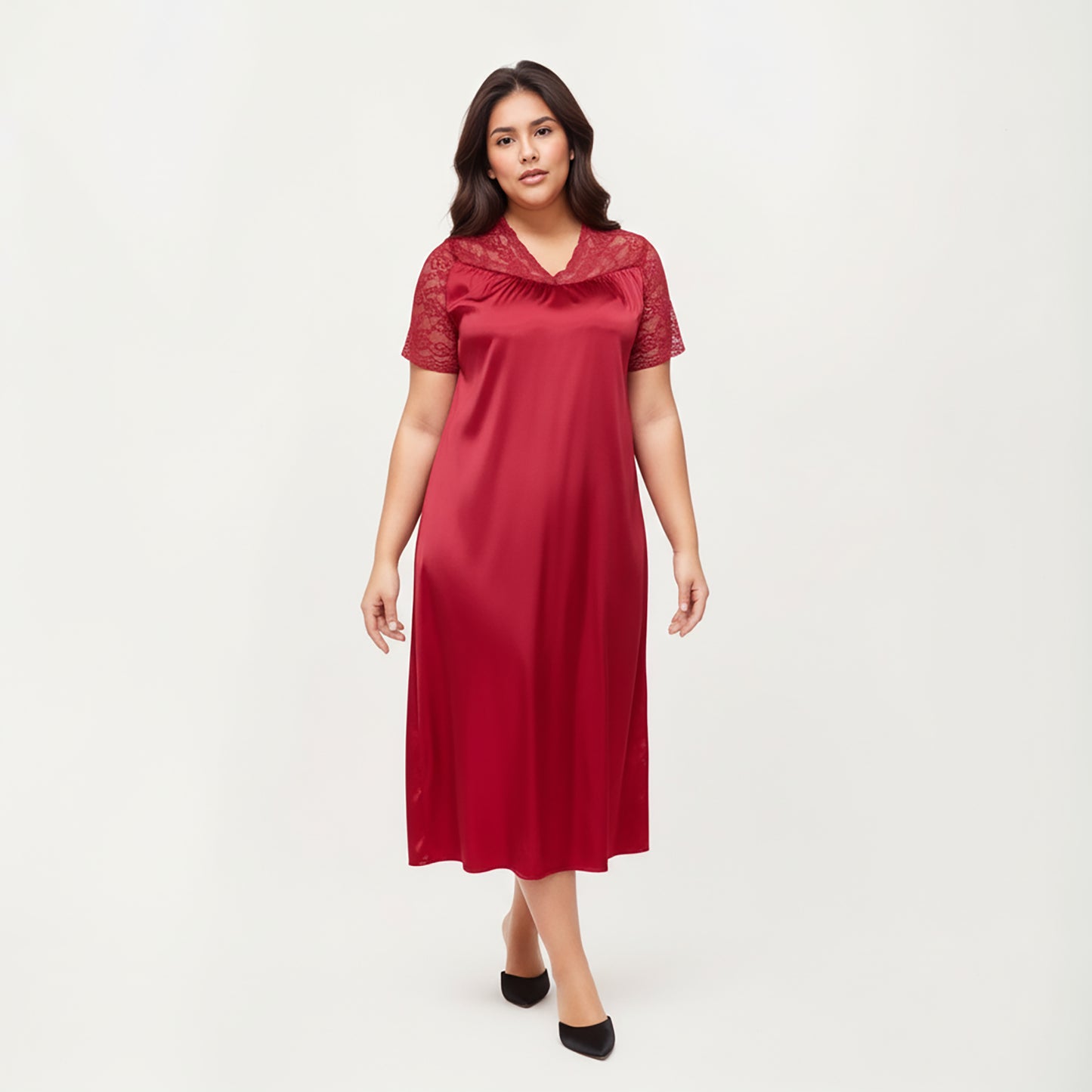 PLus Size Satin Nightgown with Delicate Lace V-Neck Short Sleeves and Soft Flowing Silhouette