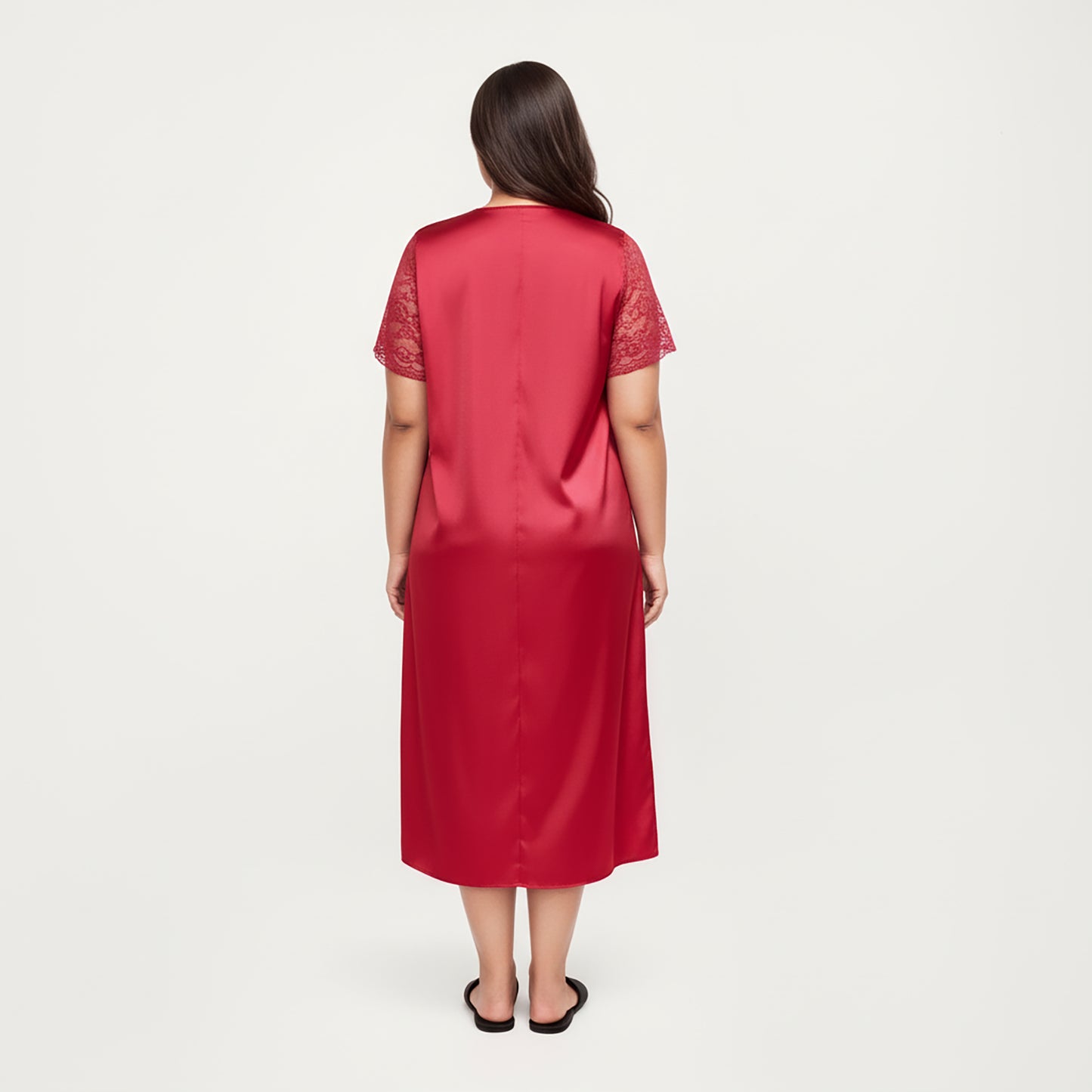 PLus Size Satin Nightgown with Delicate Lace V-Neck Short Sleeves and Soft Flowing Silhouette