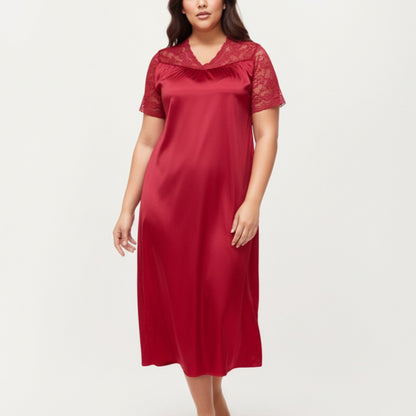 PLus Size Satin Nightgown with Delicate Lace V-Neck Short Sleeves and Soft Flowing Silhouette