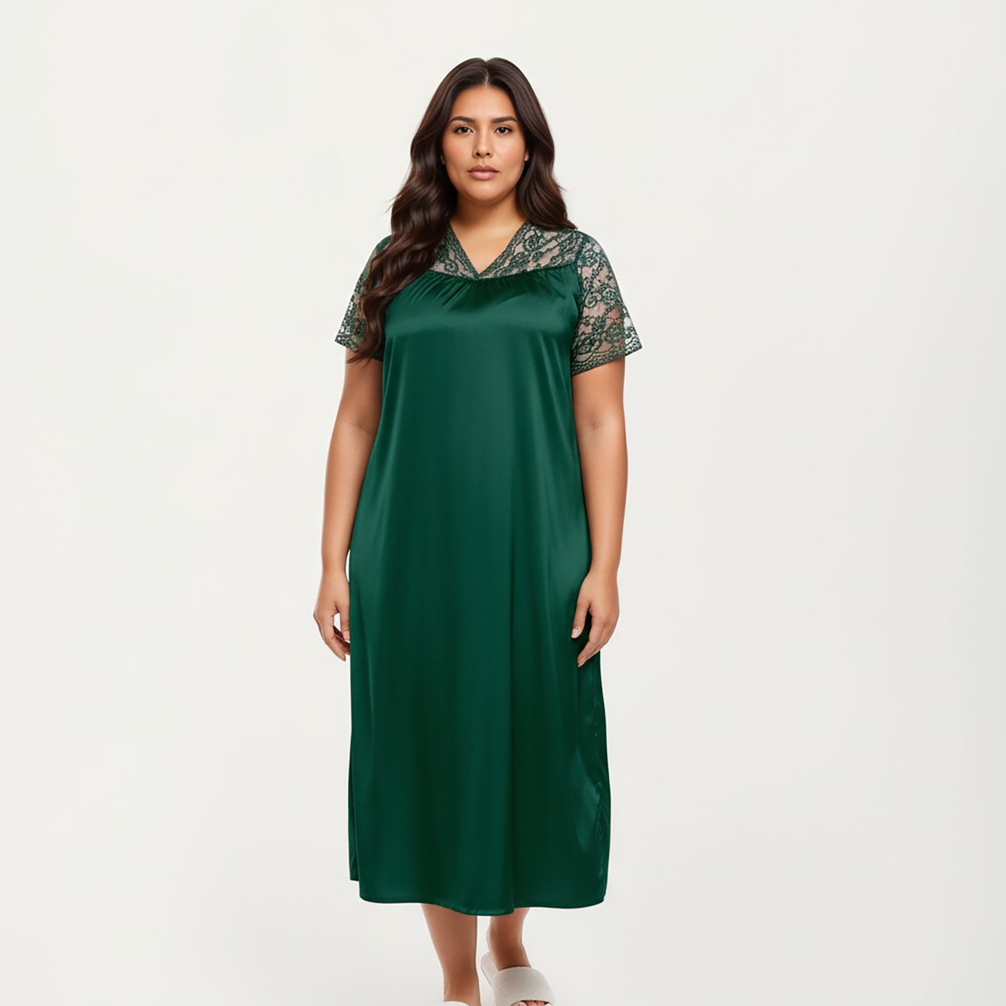 PLus Size Satin Nightgown with Delicate Lace V-Neck Short Sleeves and Soft Flowing Silhouette