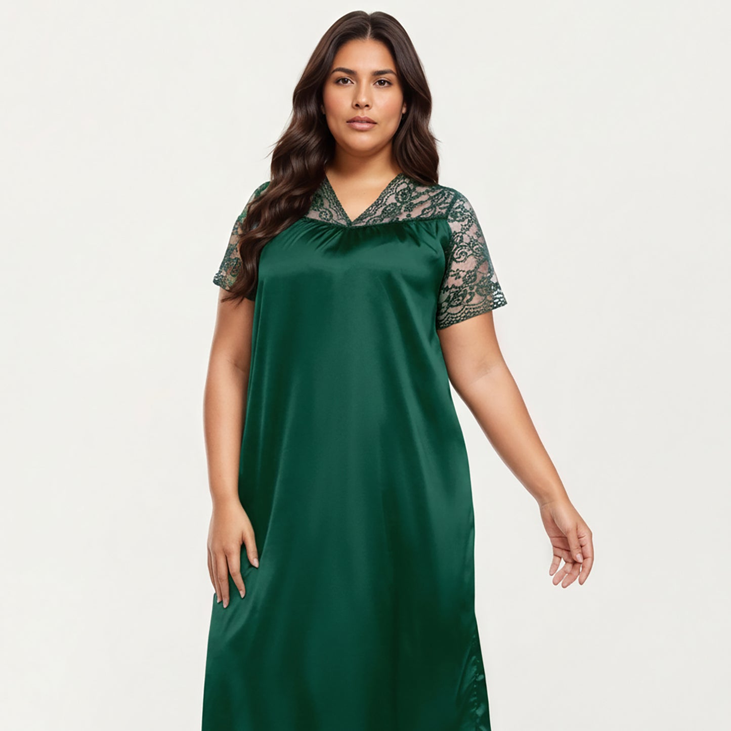 PLus Size Satin Nightgown with Delicate Lace V-Neck Short Sleeves and Soft Flowing Silhouette