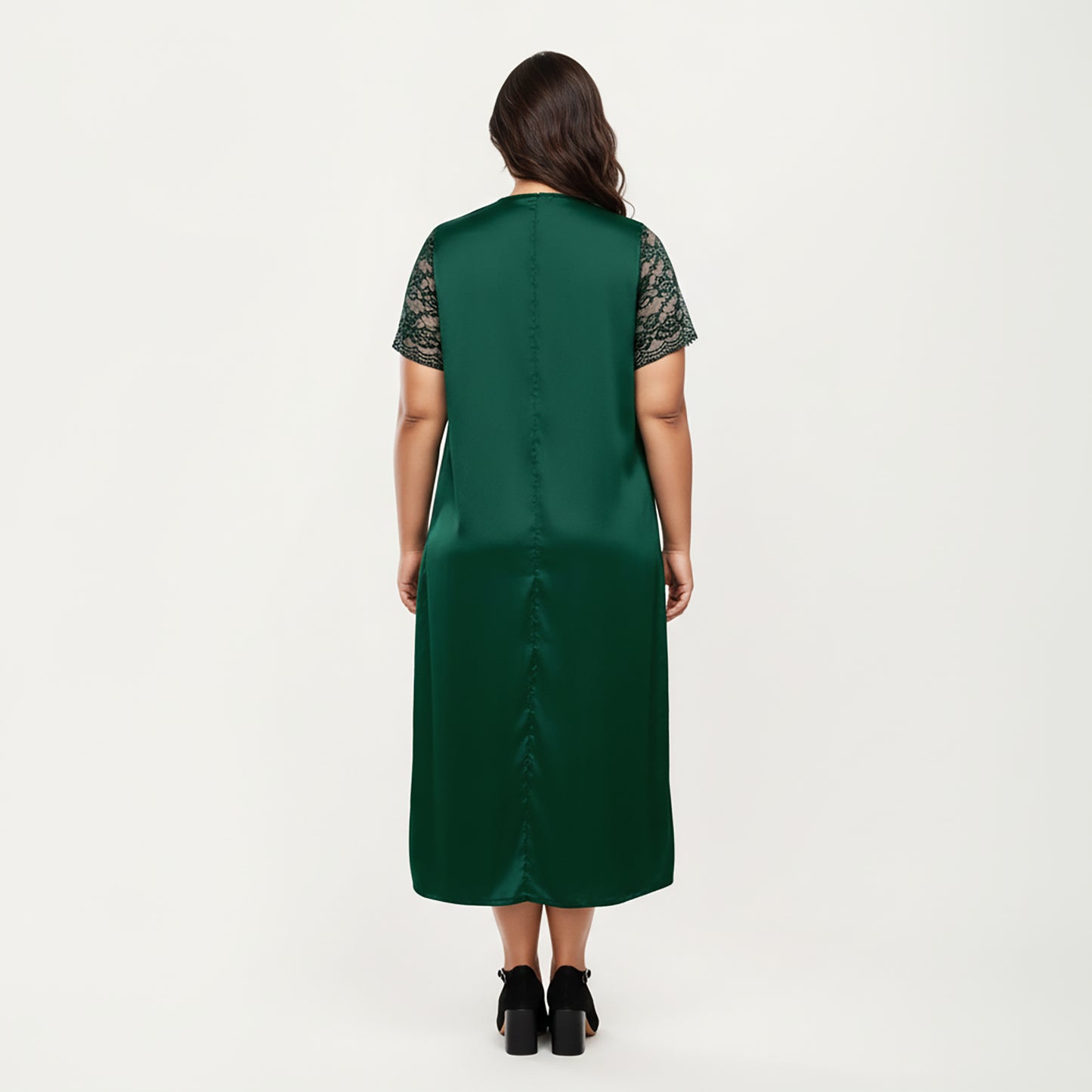 PLus Size Satin Nightgown with Delicate Lace V-Neck Short Sleeves and Soft Flowing Silhouette