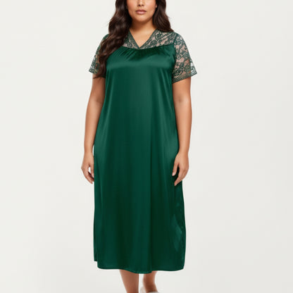 PLus Size Satin Nightgown with Delicate Lace V-Neck Short Sleeves and Soft Flowing Silhouette