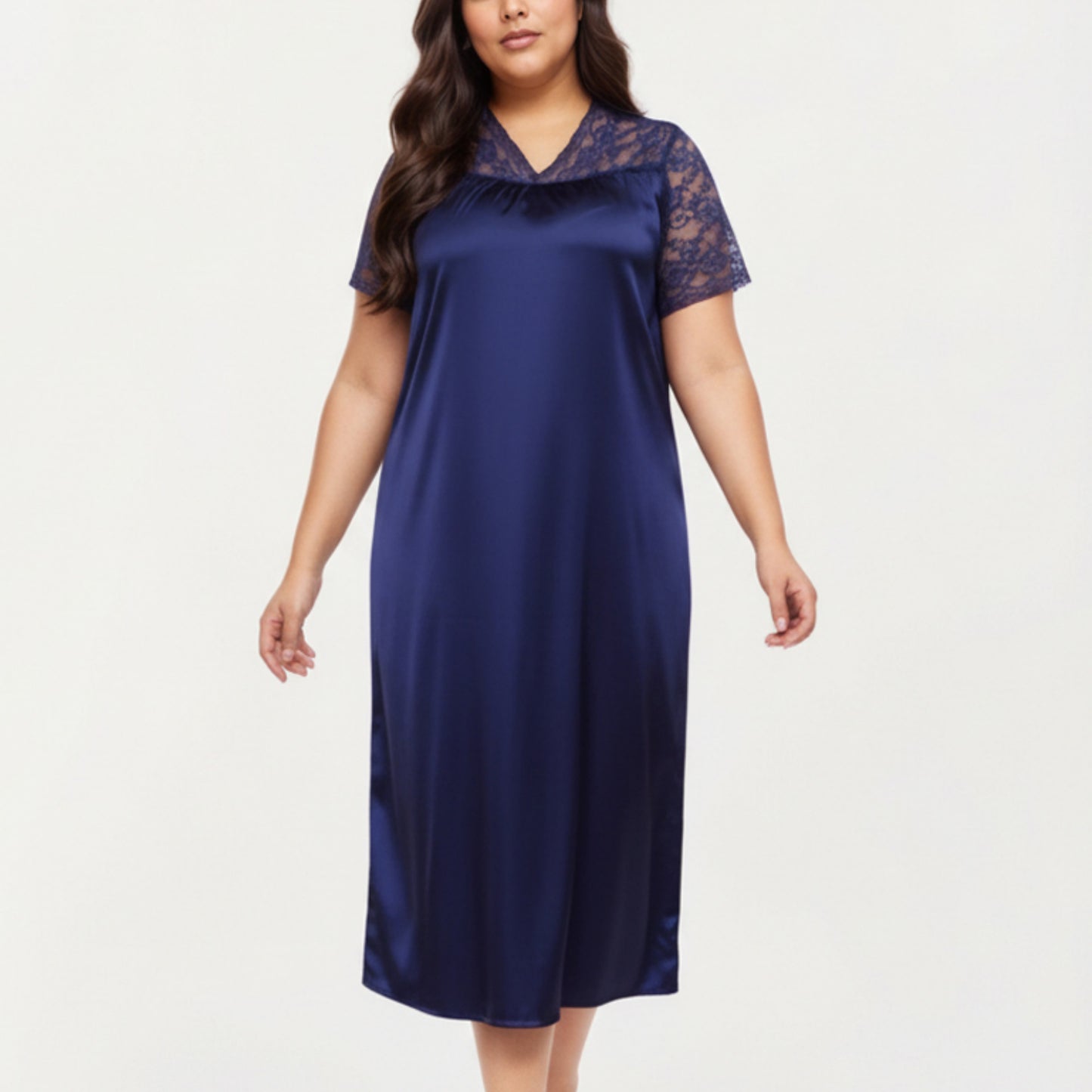 PLus Size Satin Nightgown with Delicate Lace V-Neck Short Sleeves and Soft Flowing Silhouette