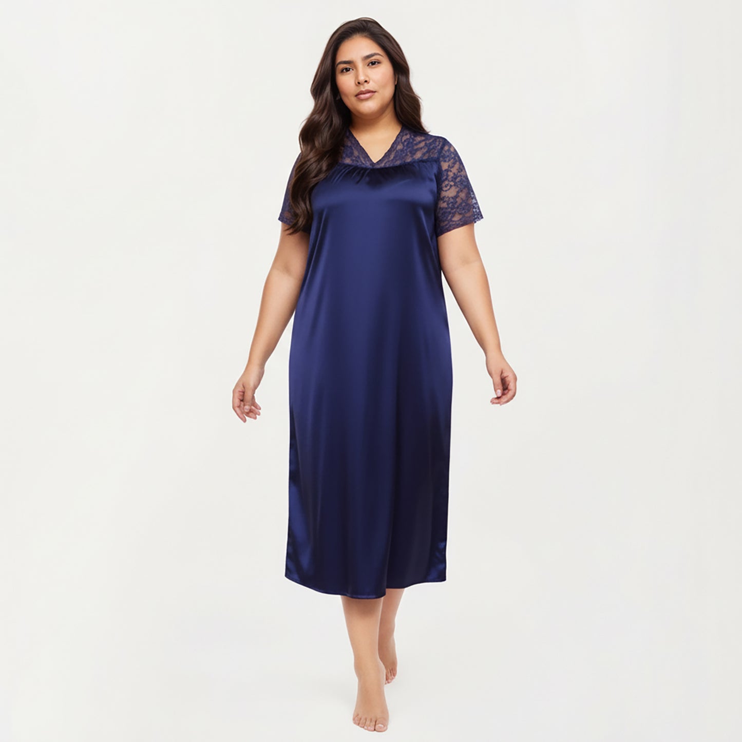 PLus Size Satin Nightgown with Delicate Lace V-Neck Short Sleeves and Soft Flowing Silhouette