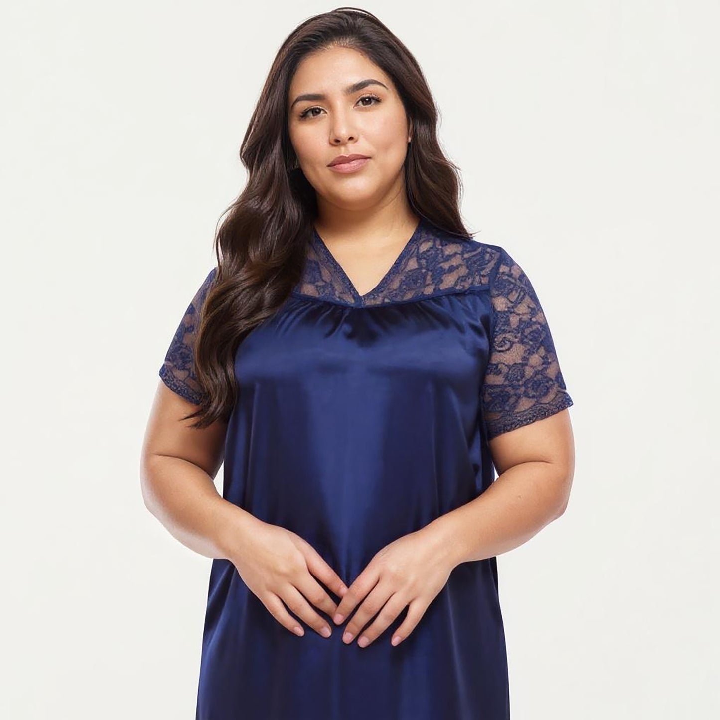 PLus Size Satin Nightgown with Delicate Lace V-Neck Short Sleeves and Soft Flowing Silhouette
