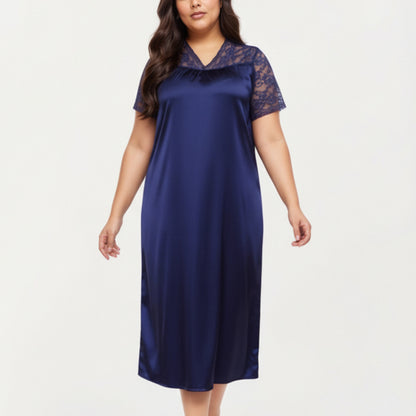 PLus Size Satin Nightgown with Delicate Lace V-Neck Short Sleeves and Soft Flowing Silhouette