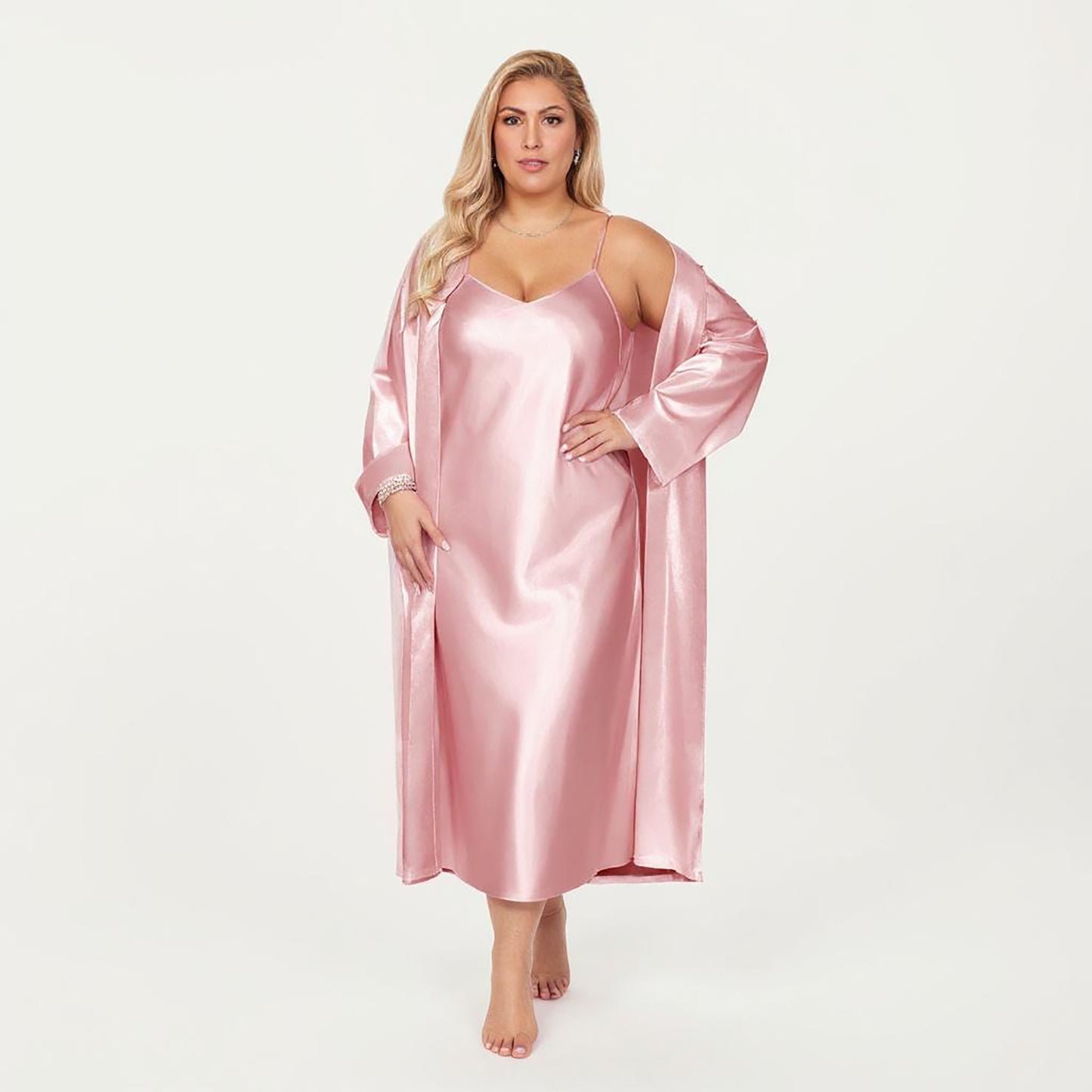 PLus Size Satin 2-Piece Robe and Slip Dress Set with Adjustable Spaghetti Straps and Soft Flowing Drape