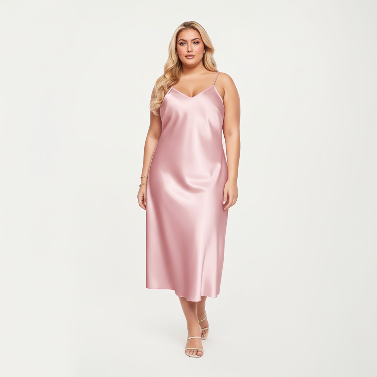 PLus Size Satin 2-Piece Robe and Slip Dress Set with Adjustable Spaghetti Straps and Soft Flowing Drape