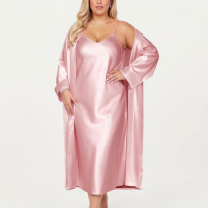 PLus Size Satin 2-Piece Robe and Slip Dress Set with Adjustable Spaghetti Straps and Soft Flowing Drape