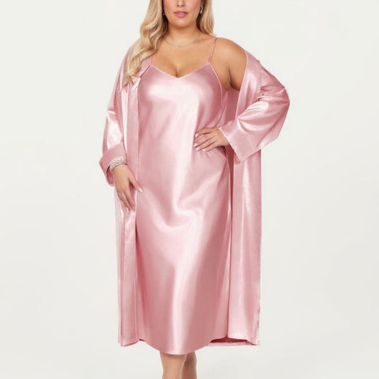 PLus Size Satin 2-Piece Robe and Slip Dress Set with Adjustable Spaghetti Straps and Soft Flowing Drape