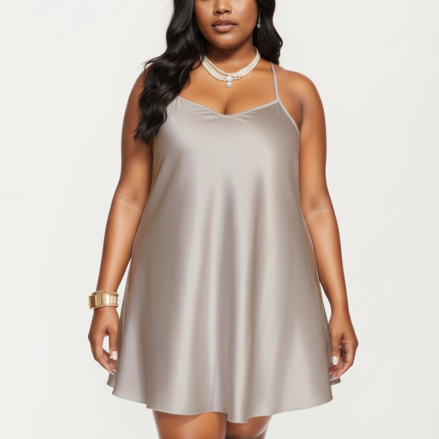 PLus Size Satin Slip Dress with Soft Draping Fabric, Adjustable Spaghetti Straps and A-Line Silhouette