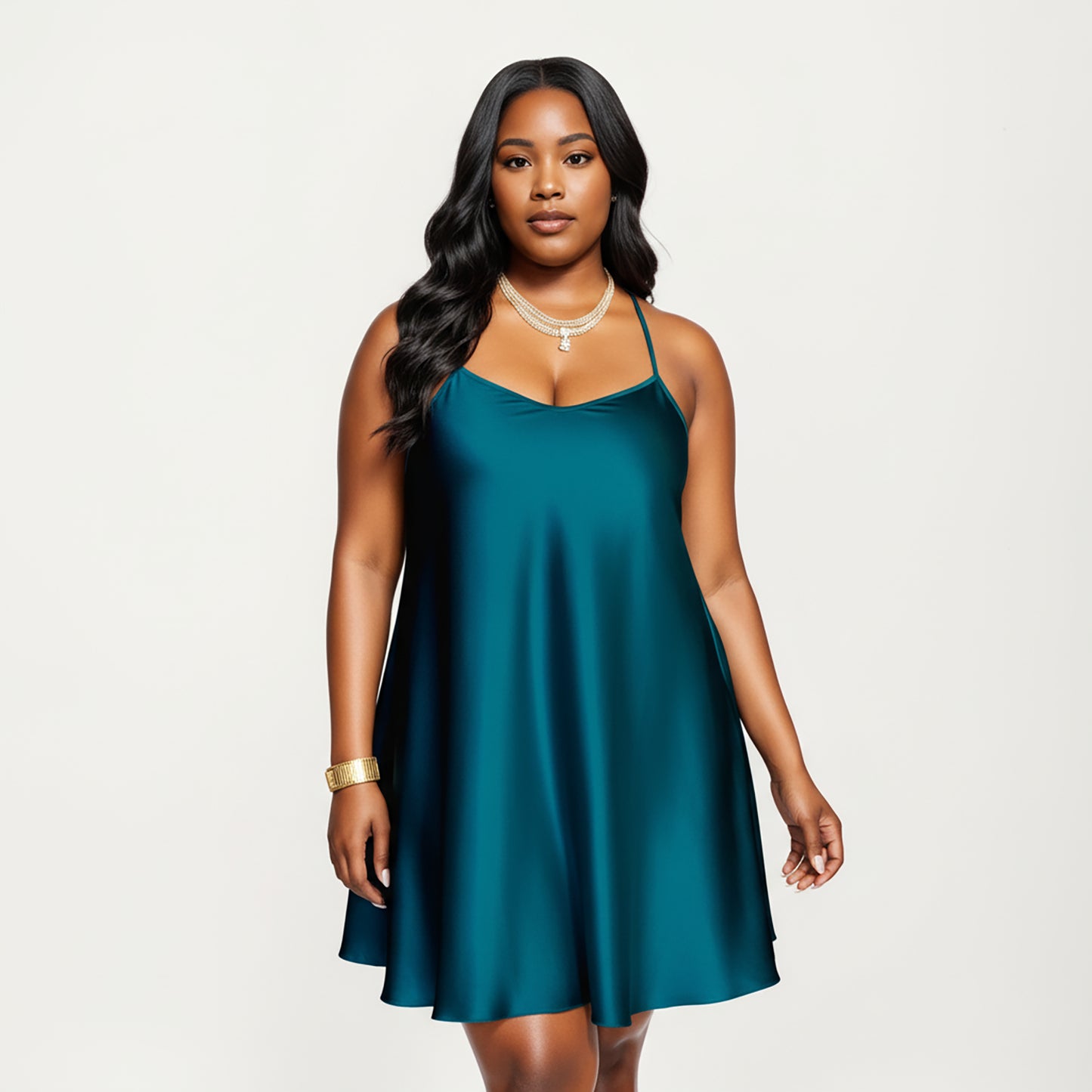 PLus Size Satin Slip Dress with Soft Draping Fabric, Adjustable Spaghetti Straps and A-Line Silhouette