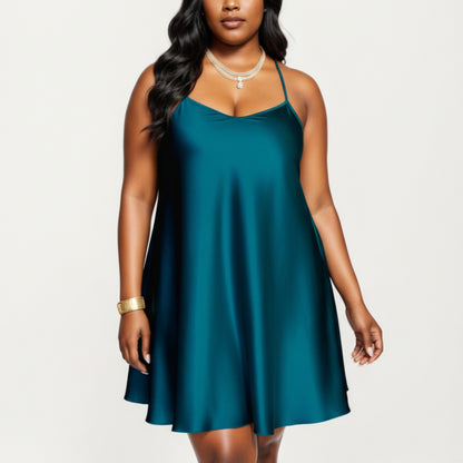 PLus Size Satin Slip Dress with Soft Draping Fabric, Adjustable Spaghetti Straps and A-Line Silhouette