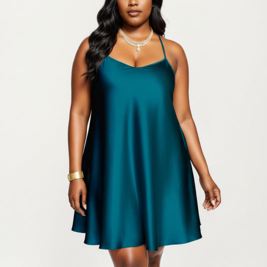 PLus Size Satin Slip Dress with Soft Draping Fabric, Adjustable Spaghetti Straps and A-Line Silhouette