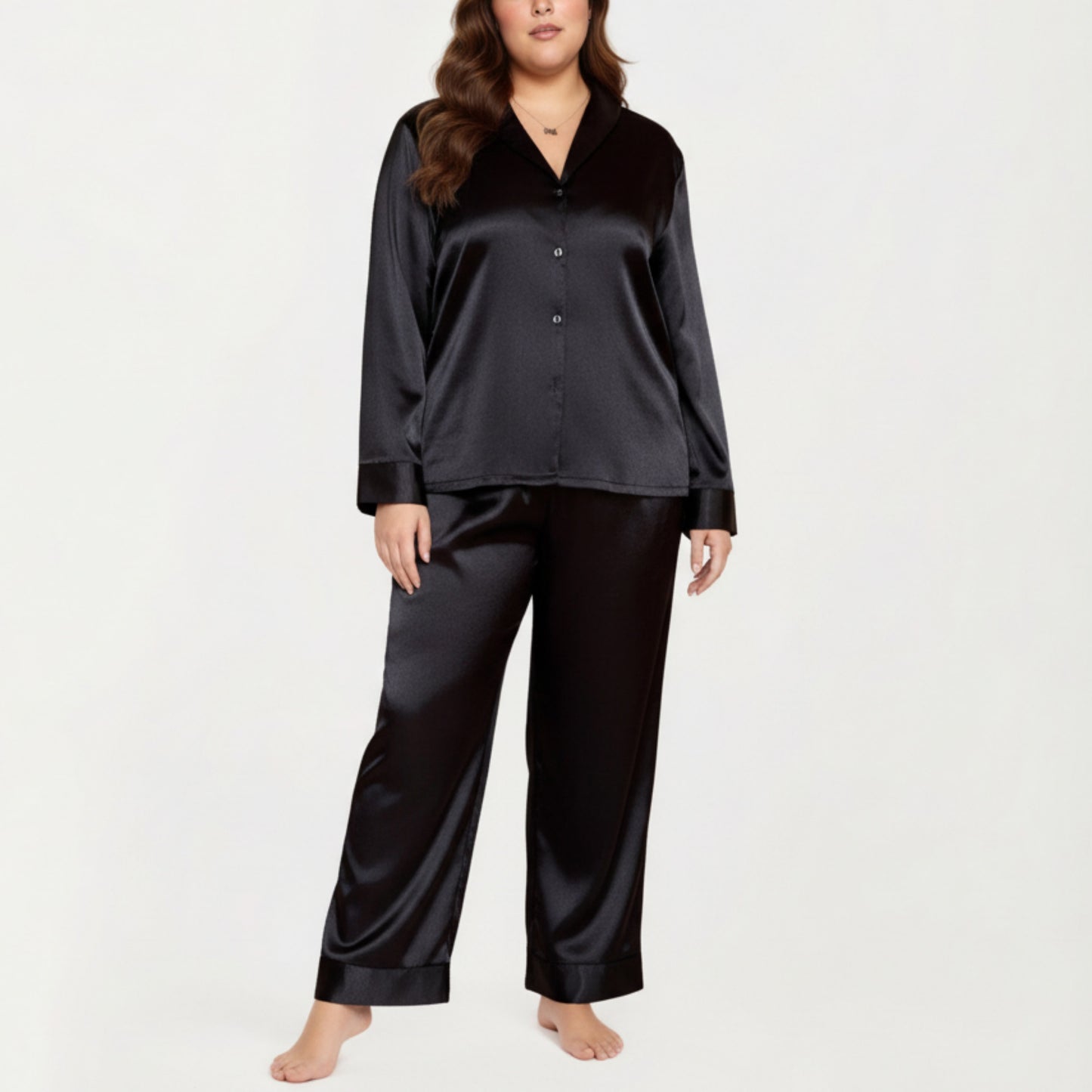 PLus Size 2-Piece Satin Pajama Set with Relaxed Button Front Top and Wide-Leg Pants