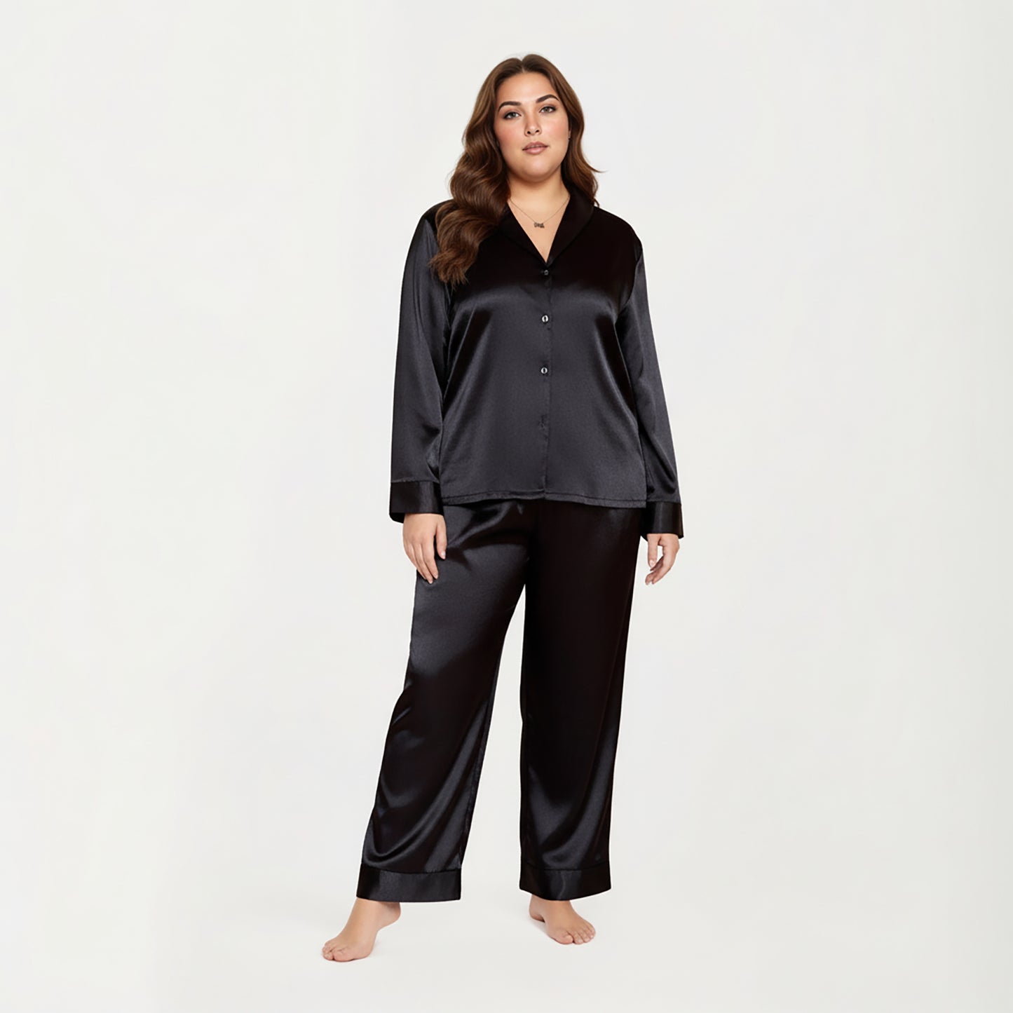 PLus Size 2-Piece Satin Pajama Set with Relaxed Button Front Top and Wide-Leg Pants