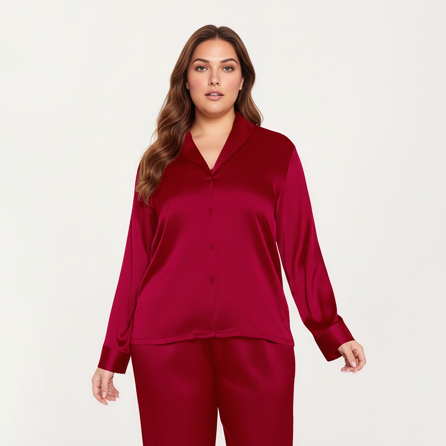 PLus Size 2-Piece Satin Pajama Set with Relaxed Button Front Top and Wide-Leg Pants