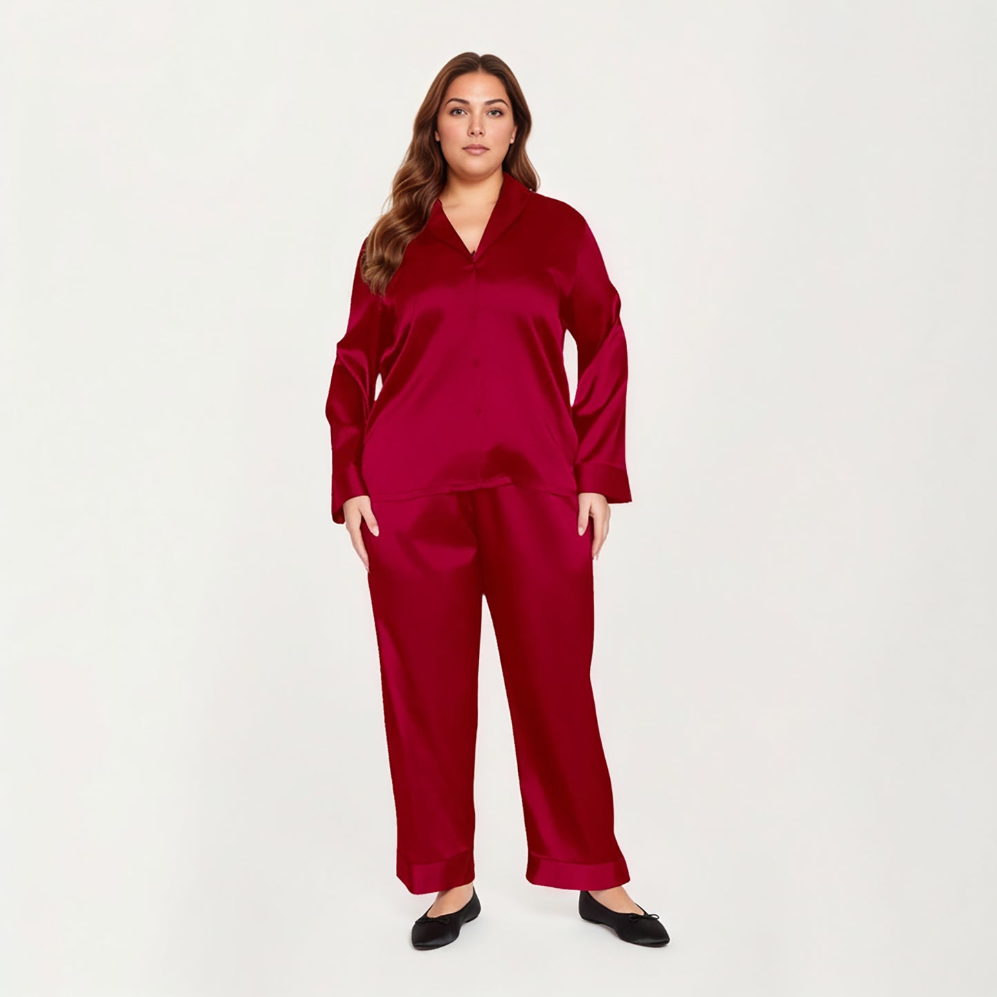 PLus Size 2-Piece Satin Pajama Set with Relaxed Button Front Top and Wide-Leg Pants
