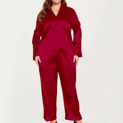 PLus Size 2-Piece Satin Pajama Set with Relaxed Button Front Top and Wide-Leg Pants