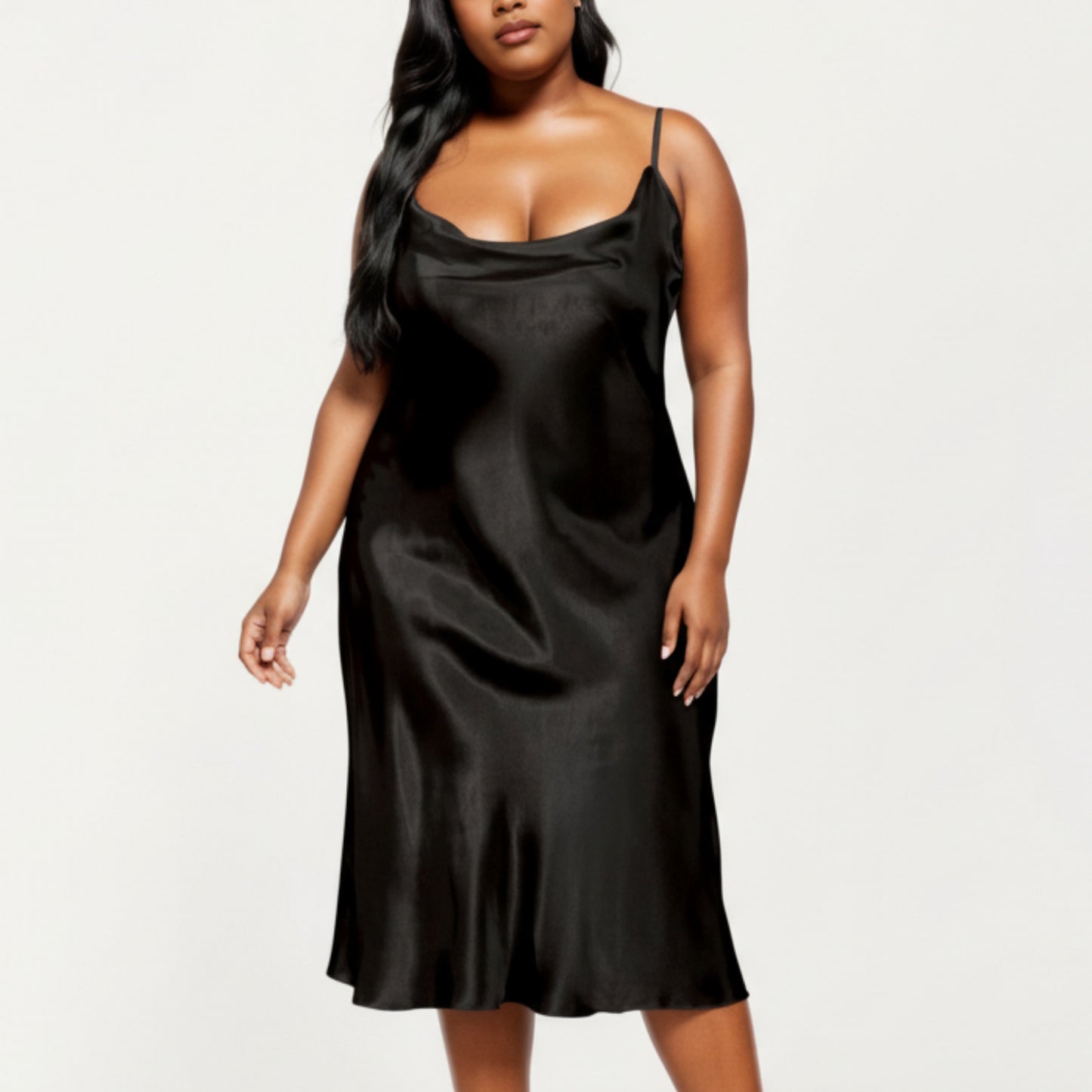 PLus Size Satin Midi Slip Dress with Draped Neckline and Smooth Glossy Fabric