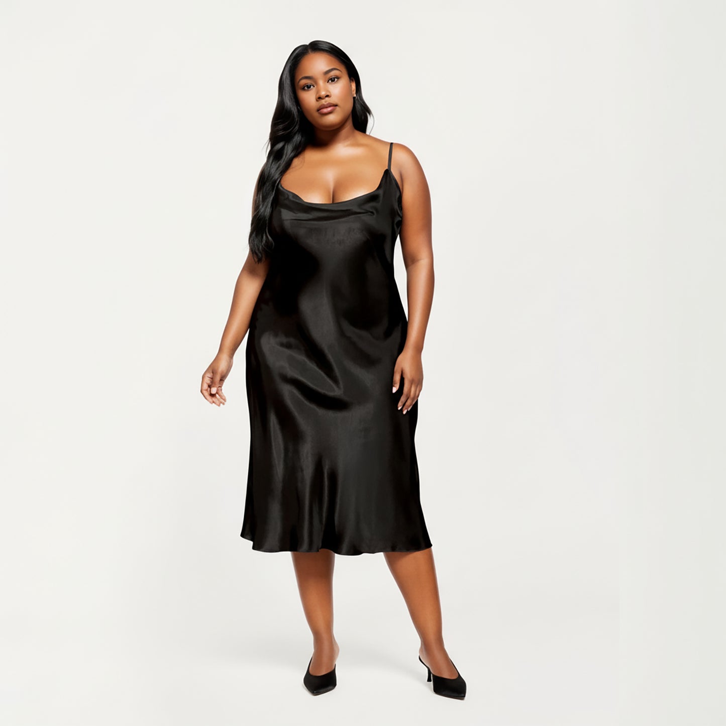 PLus Size Satin Midi Slip Dress with Draped Neckline and Smooth Glossy Fabric