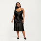 PLus Size Satin Midi Slip Dress with Draped Neckline and Smooth Glossy Fabric