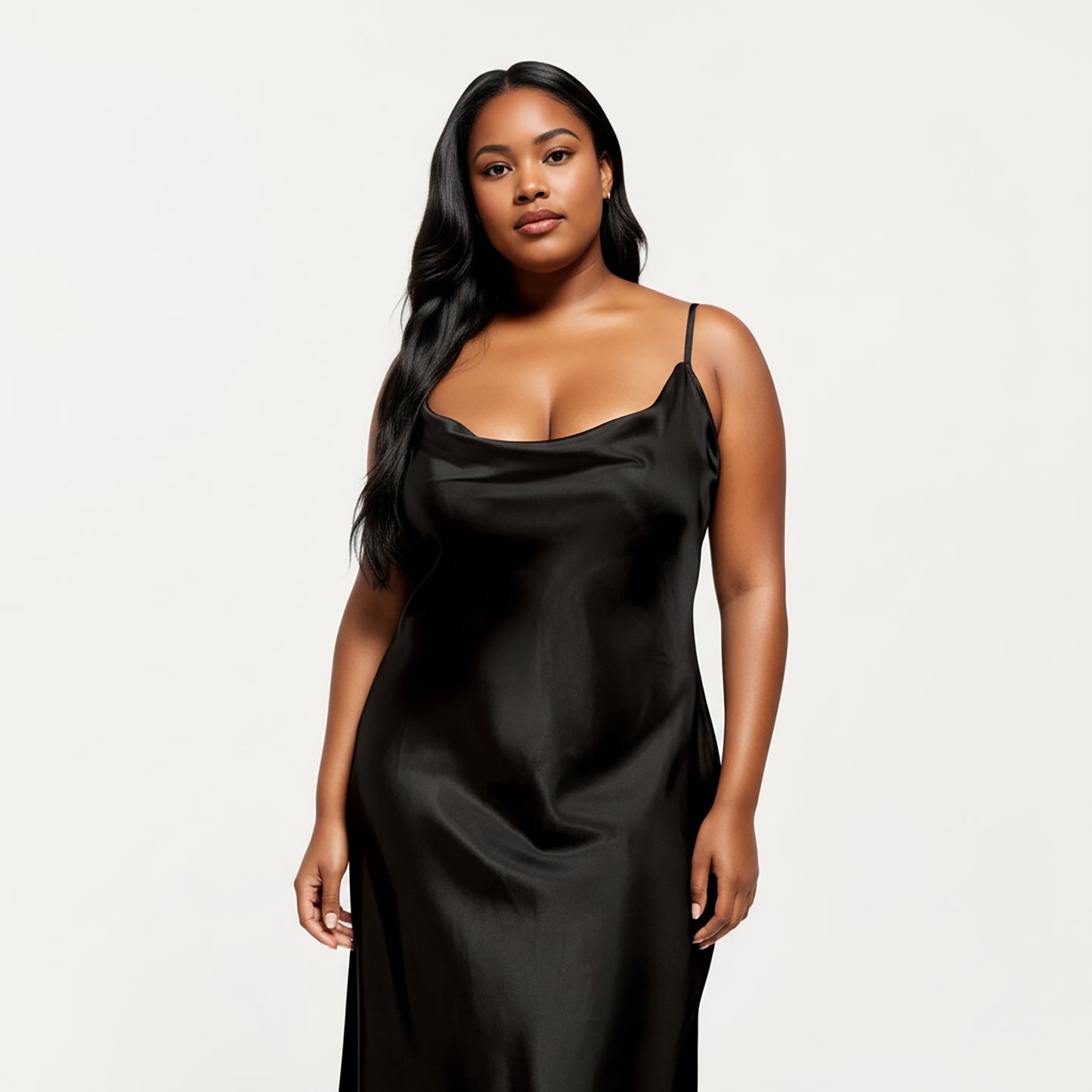 PLus Size Satin Midi Slip Dress with Draped Neckline and Smooth Glossy Fabric