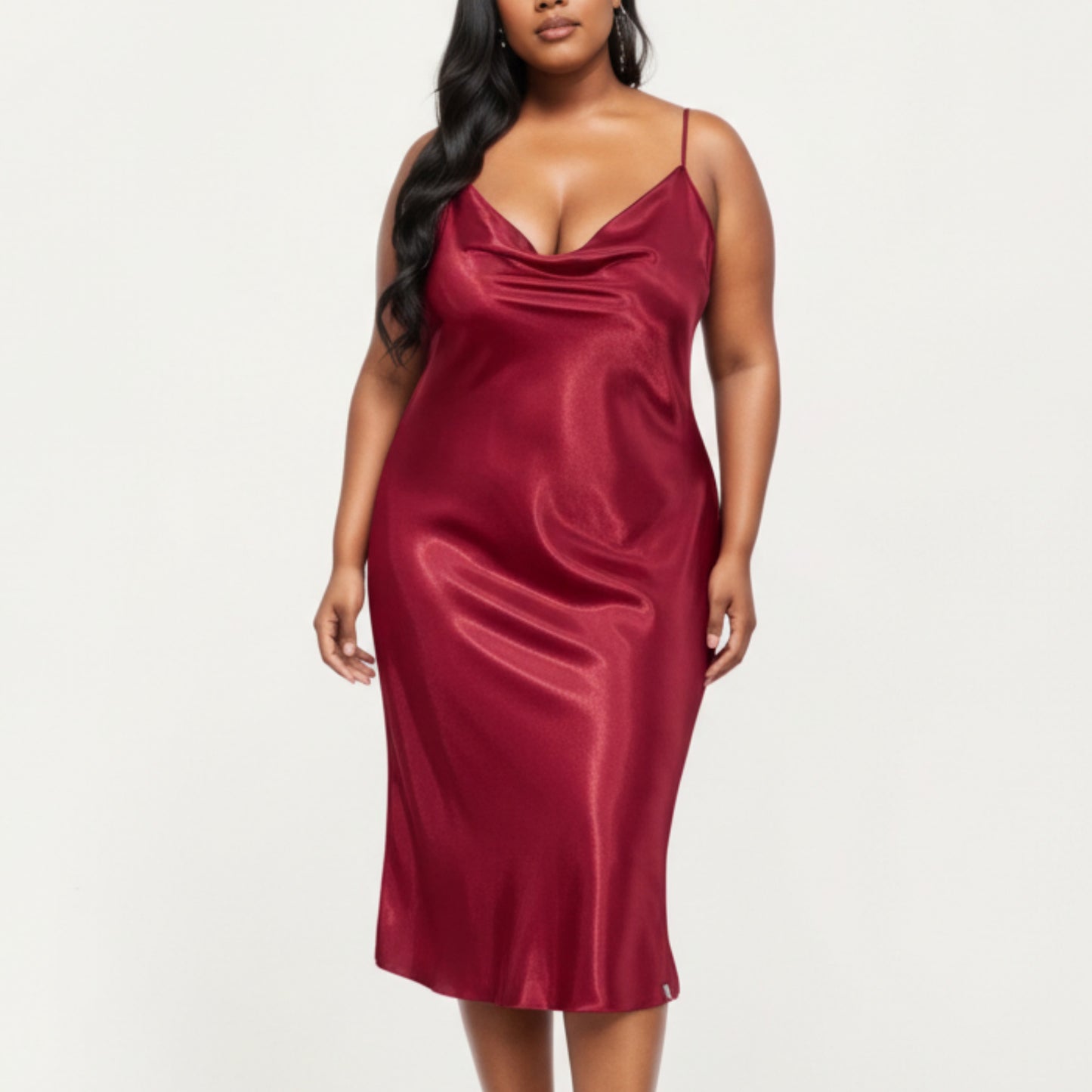 PLus Size Satin Midi Slip Dress with Draped Neckline and Smooth Glossy Fabric