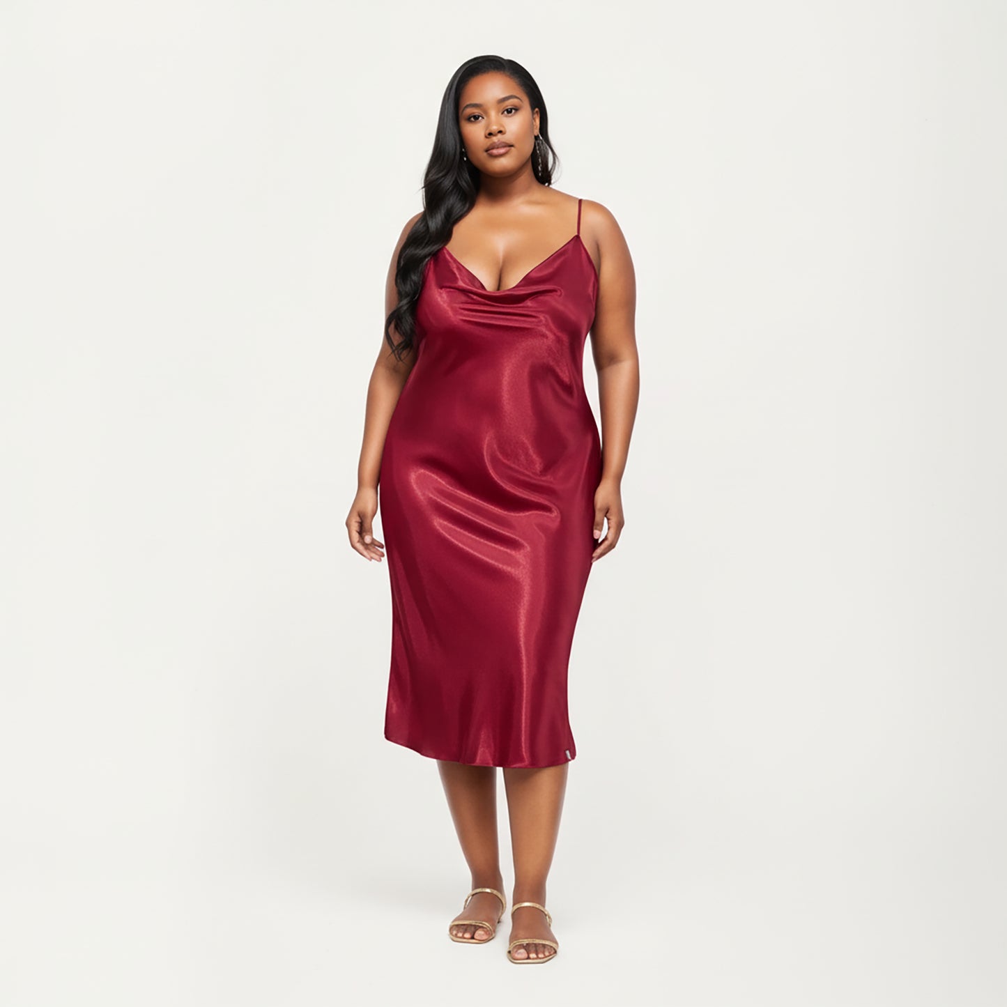 PLus Size Satin Midi Slip Dress with Draped Neckline and Smooth Glossy Fabric