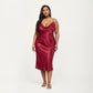 PLus Size Satin Midi Slip Dress with Draped Neckline and Smooth Glossy Fabric