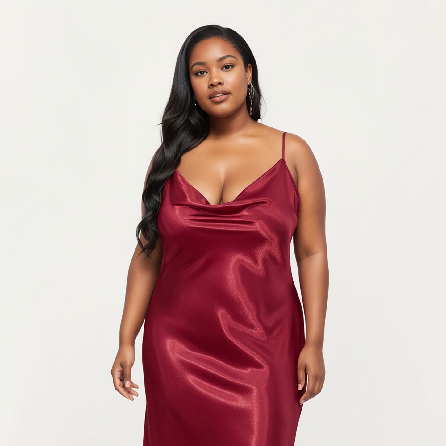 PLus Size Satin Midi Slip Dress with Draped Neckline and Smooth Glossy Fabric