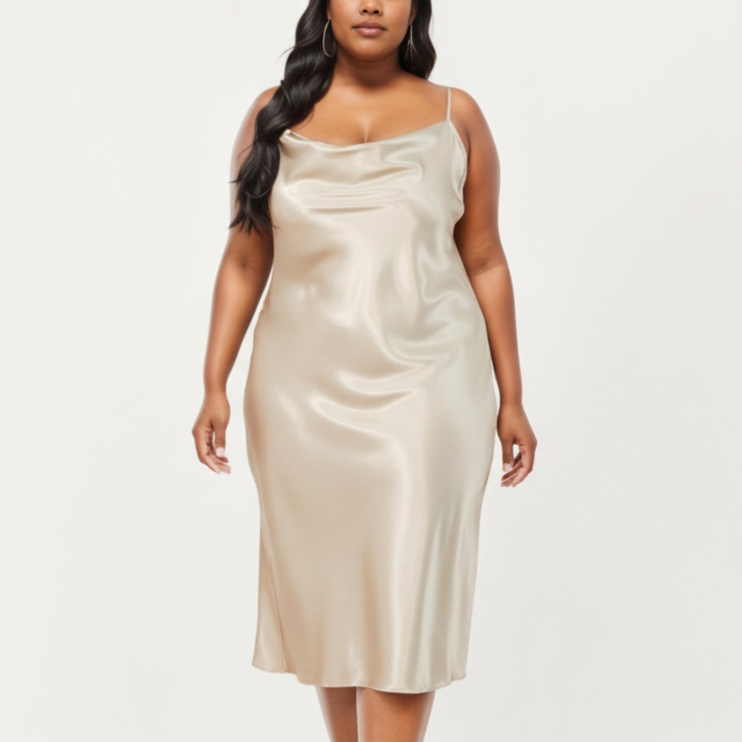 PLus Size Satin Midi Slip Dress with Draped Neckline and Smooth Glossy Fabric