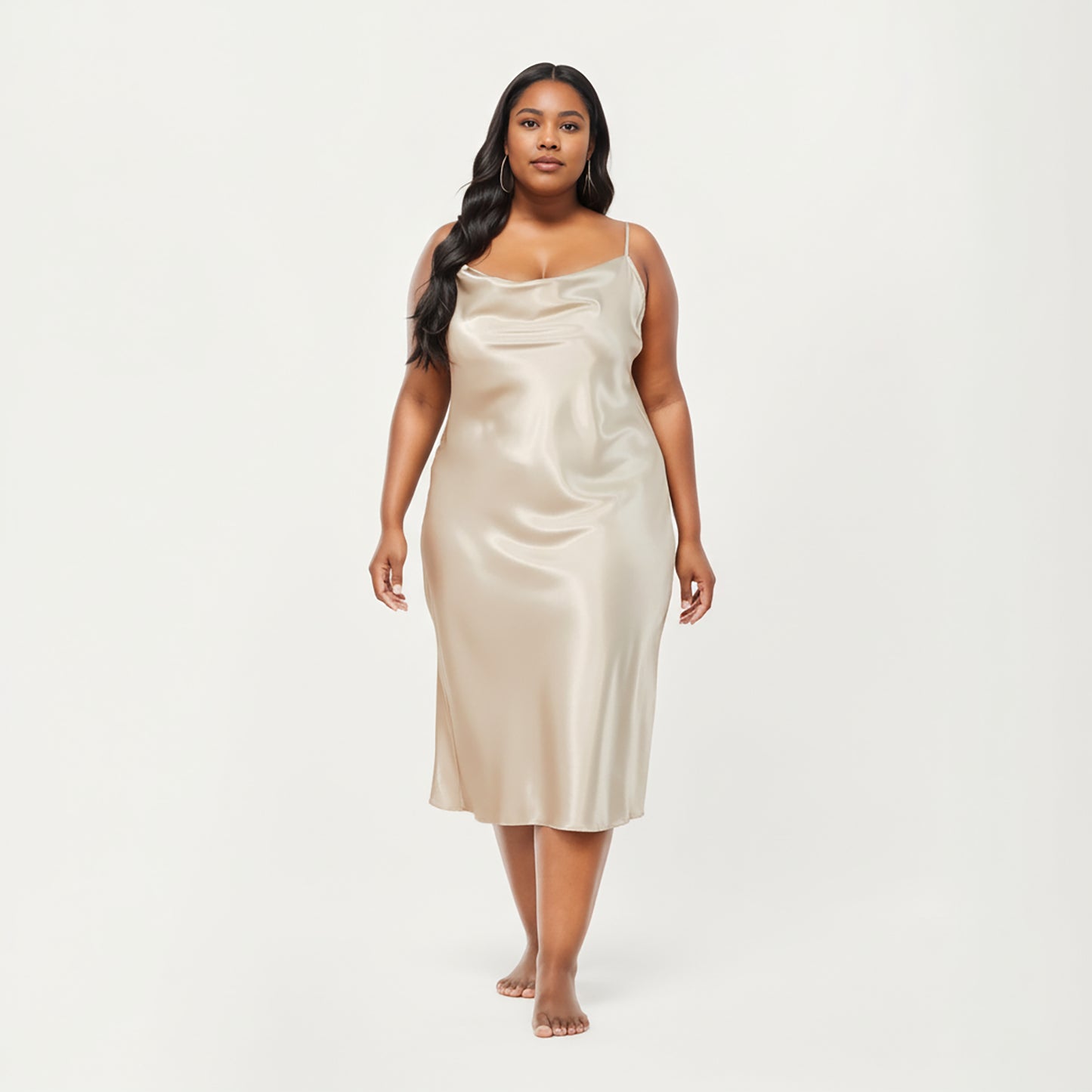 PLus Size Satin Midi Slip Dress with Draped Neckline and Smooth Glossy Fabric