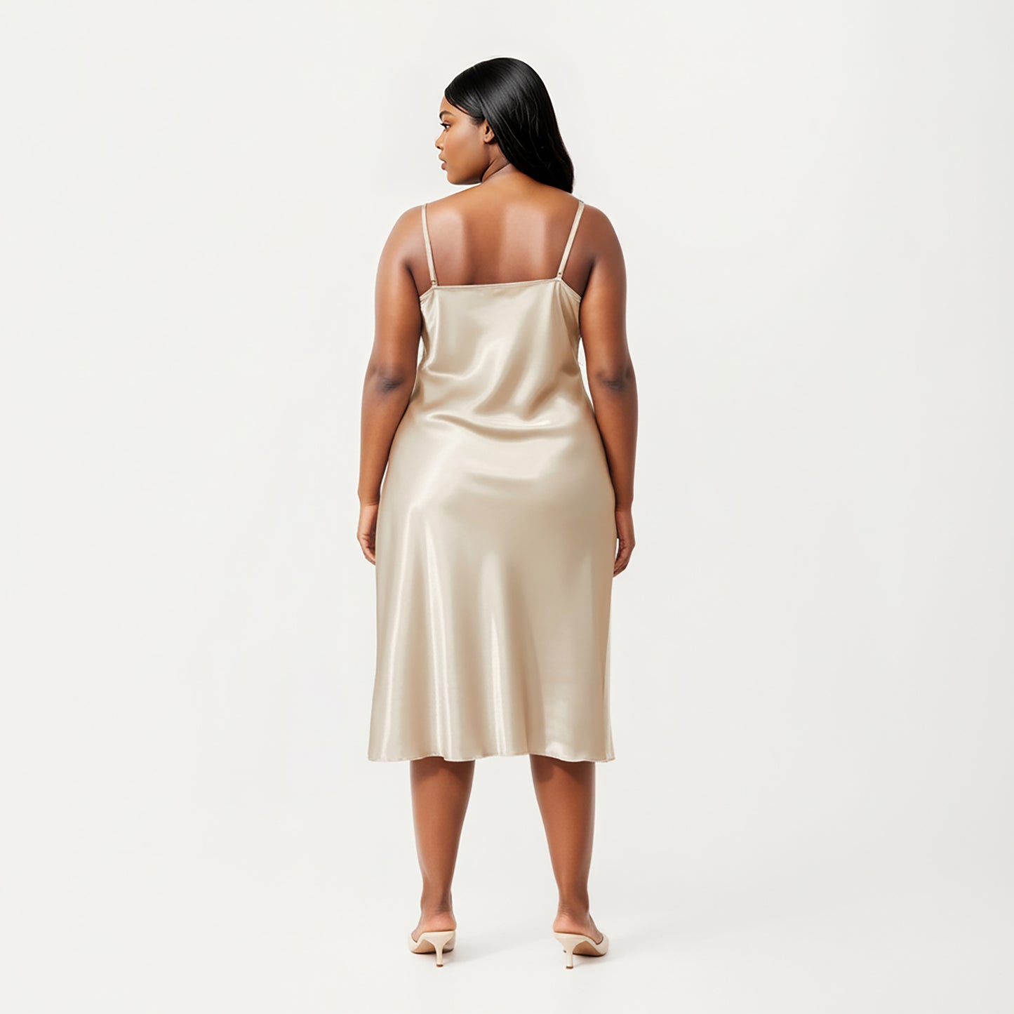 PLus Size Satin Midi Slip Dress with Draped Neckline and Smooth Glossy Fabric