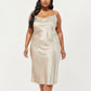 PLus Size Satin Midi Slip Dress with Draped Neckline and Smooth Glossy Fabric