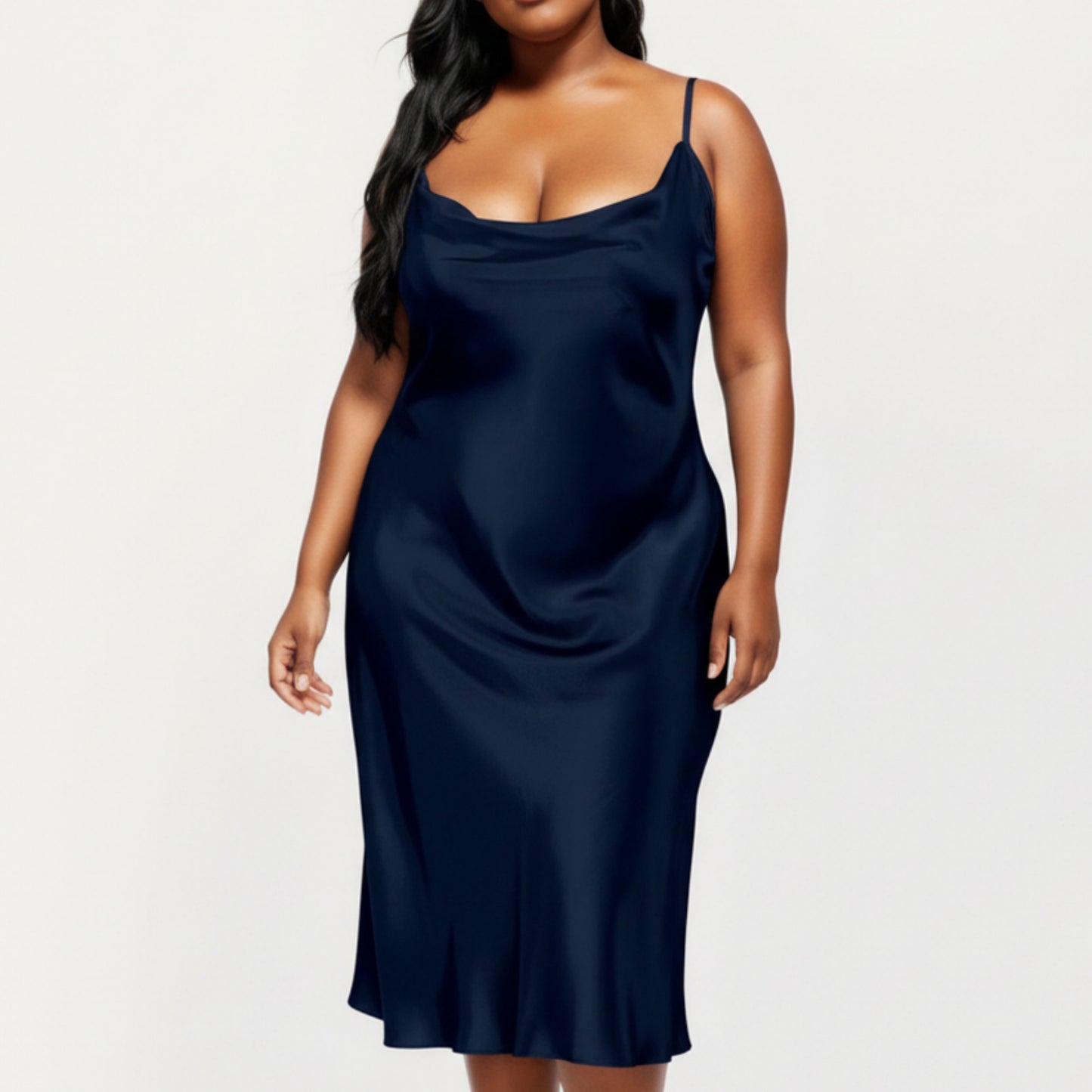 PLus Size Satin Midi Slip Dress with Draped Neckline and Smooth Glossy Fabric