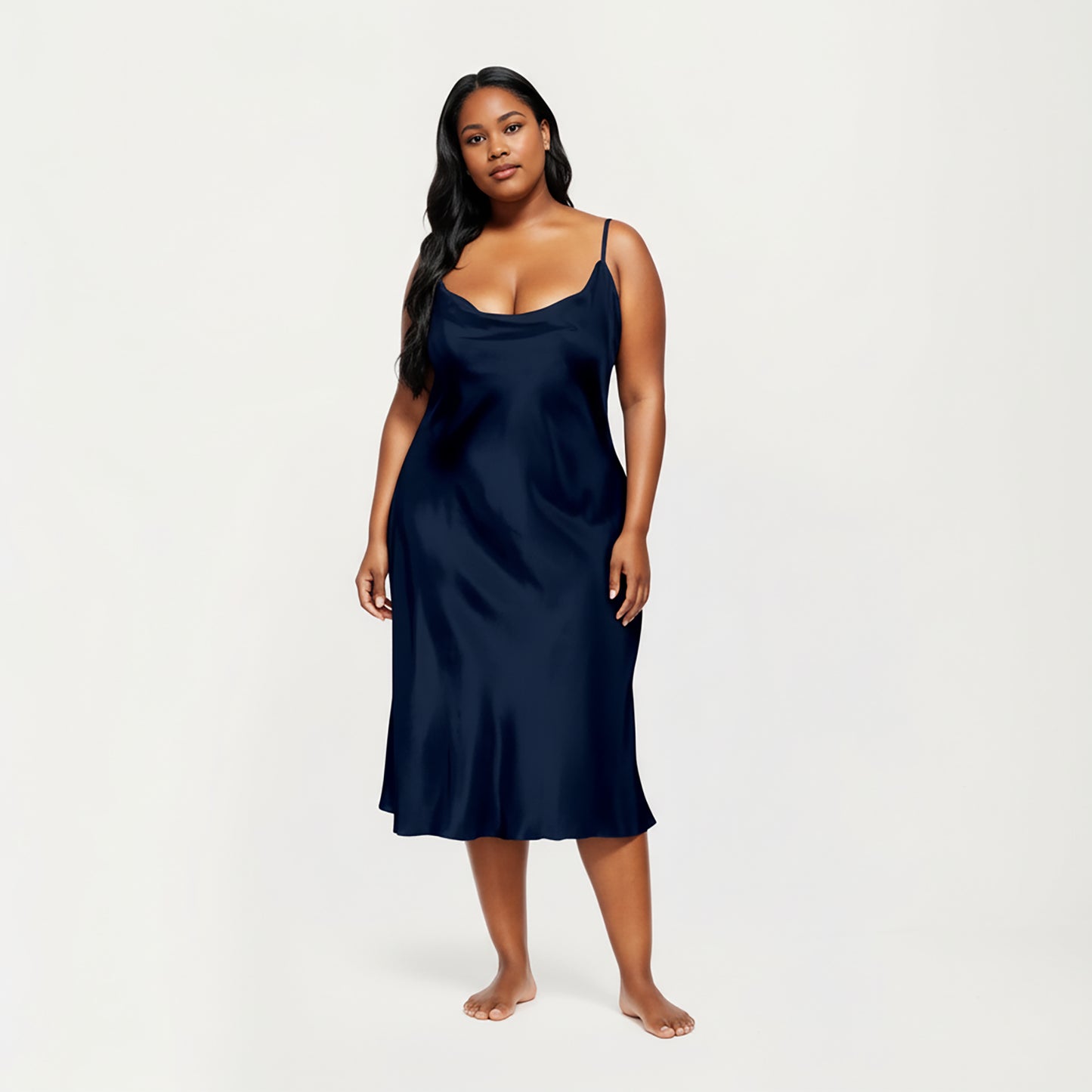PLus Size Satin Midi Slip Dress with Draped Neckline and Smooth Glossy Fabric