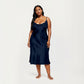 PLus Size Satin Midi Slip Dress with Draped Neckline and Smooth Glossy Fabric