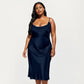PLus Size Satin Midi Slip Dress with Draped Neckline and Smooth Glossy Fabric