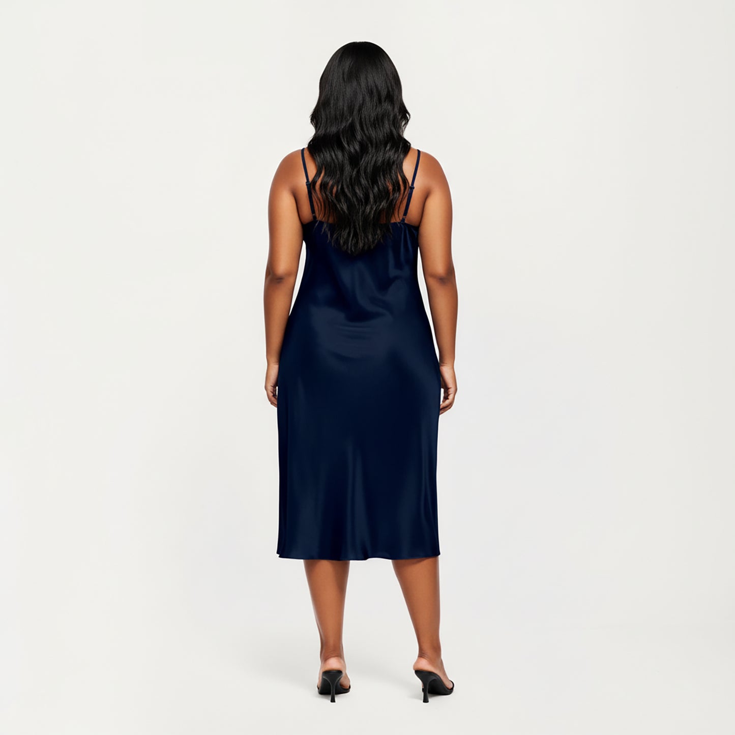 PLus Size Satin Midi Slip Dress with Draped Neckline and Smooth Glossy Fabric