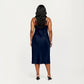 PLus Size Satin Midi Slip Dress with Draped Neckline and Smooth Glossy Fabric