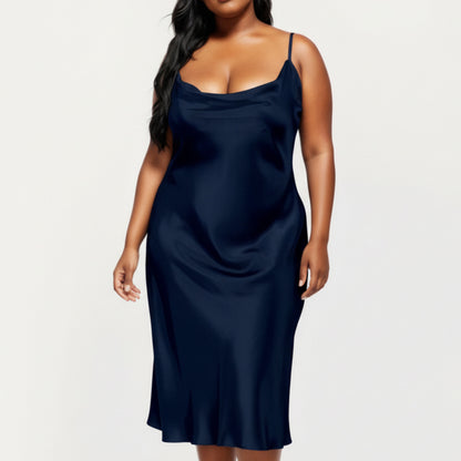 PLus Size Satin Midi Slip Dress with Draped Neckline and Smooth Glossy Fabric